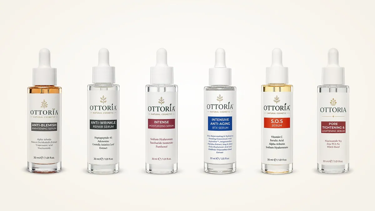 Etiketinde öne çıkan bileşenleri yazan Ottoria serum şişeleri