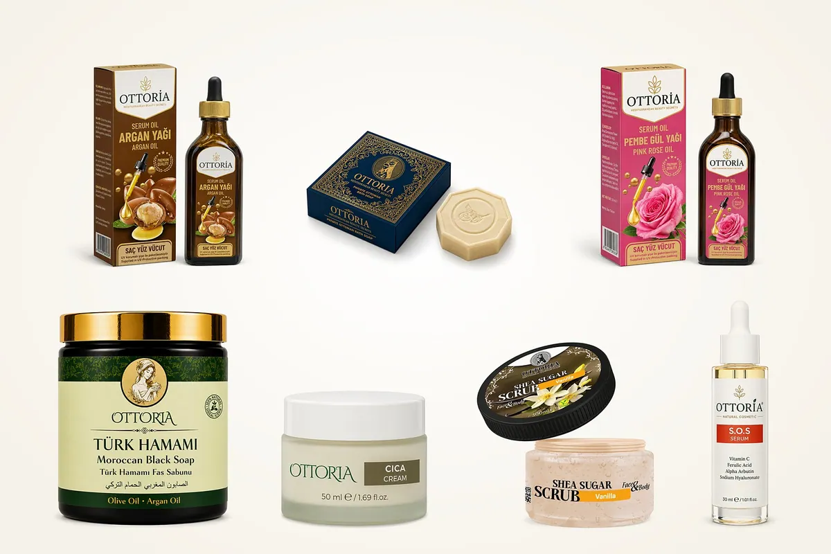Ottoria ürün serileri: argan yağı, premium kutulu sabun, pembe gül yağı, Fas sabunu, yüz kremi, scrub ve serum
